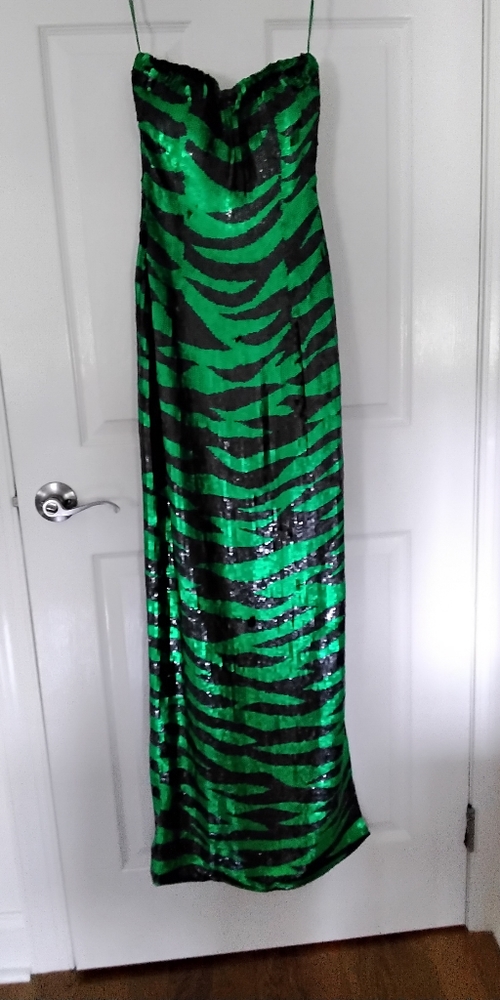 Beautiful hand sequin/beaded gown with a green and black animal print